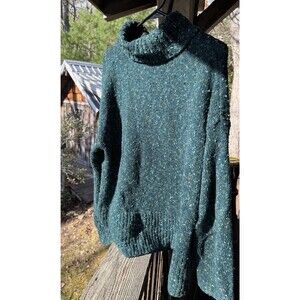 J Jill Women’s Turtleneck Sweater M Teal Green Tweed Speckled Cotton Blend